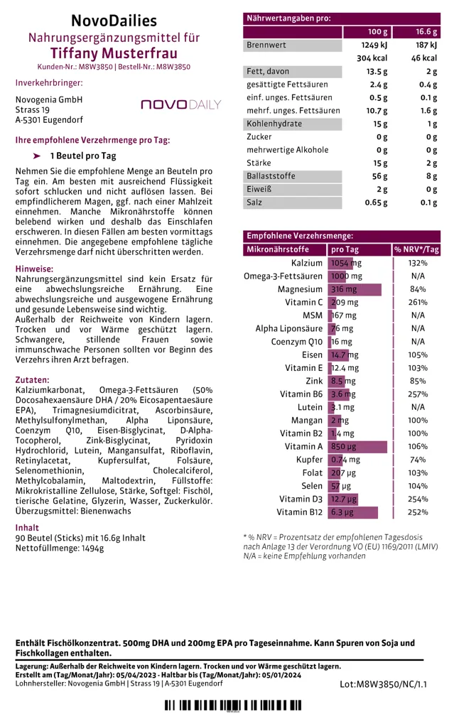 Ein Muster-Label von NovoDaily